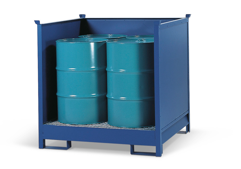 Transport Spill Containment Pallet - 4 Drum Capacity - Stackable - Side Walls - Painted Steel - 1