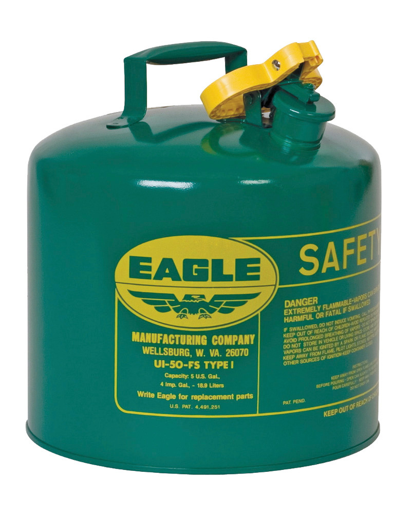 Type I Safety Can - FM Approved - 5 Gallon - Green - Steel Construction - Self-Closing Lid - 1