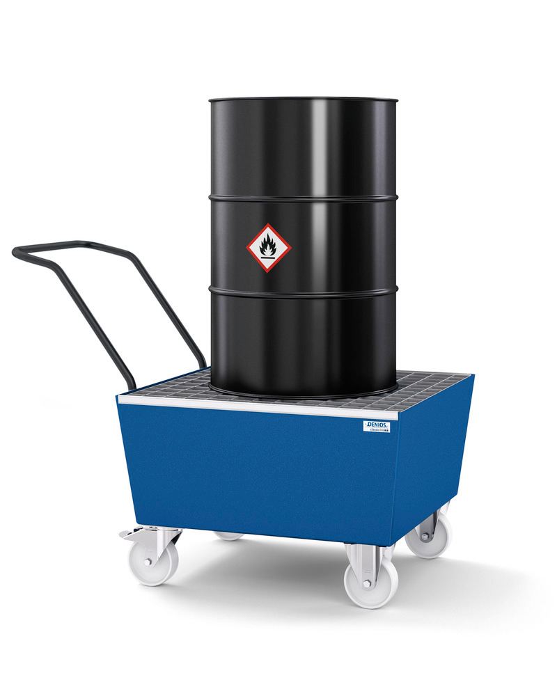 Mobile spill pallet classic-line in steel for 1 x 205 l drum, painted, with grid - 2
