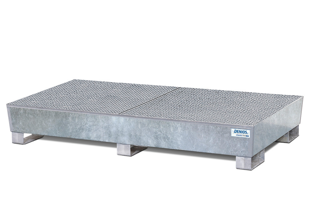 Spill pallet classic-line in steel for 6 drums, galv., access. underneath with grid, 1300x2180x343 - 1