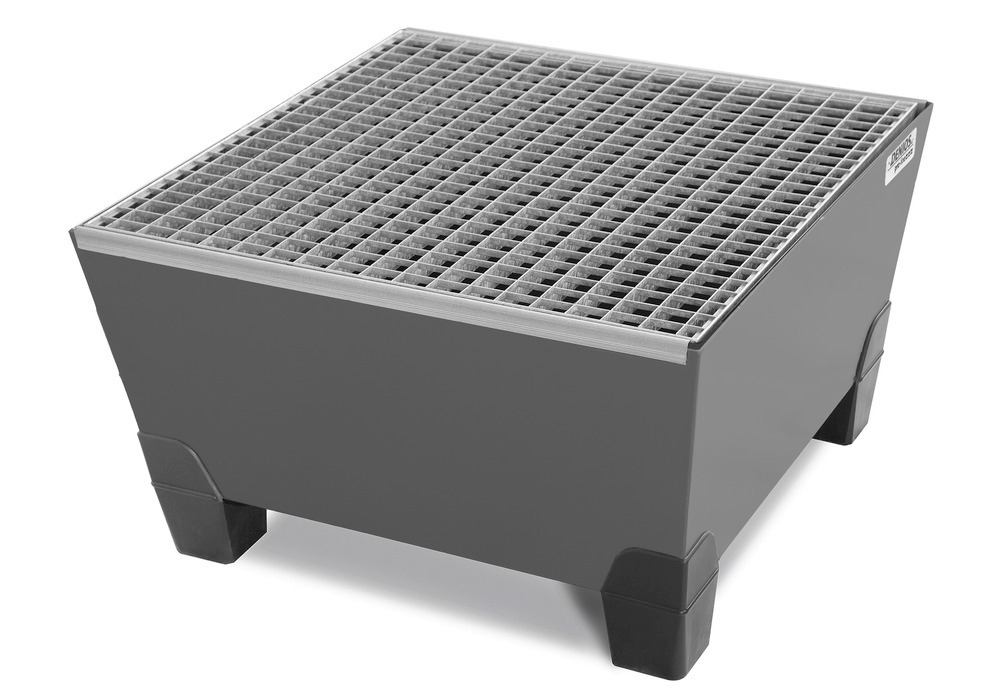 Spill pallet pro-line in steel for 1 drum, painted, accessible underneath, with grid, 885x815x485 - 1