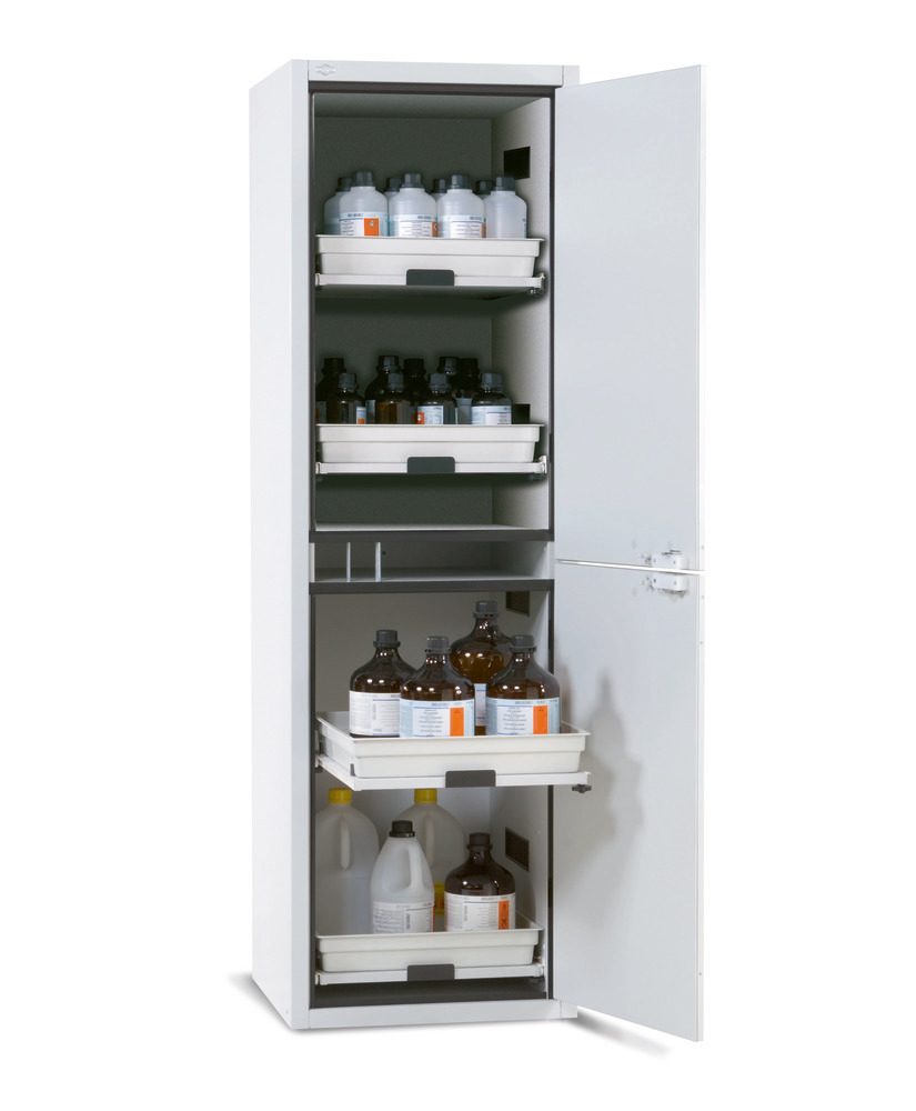 asecos acid and alkali cabinet SL 604 with door hinged right and 4 slide-out spill trays