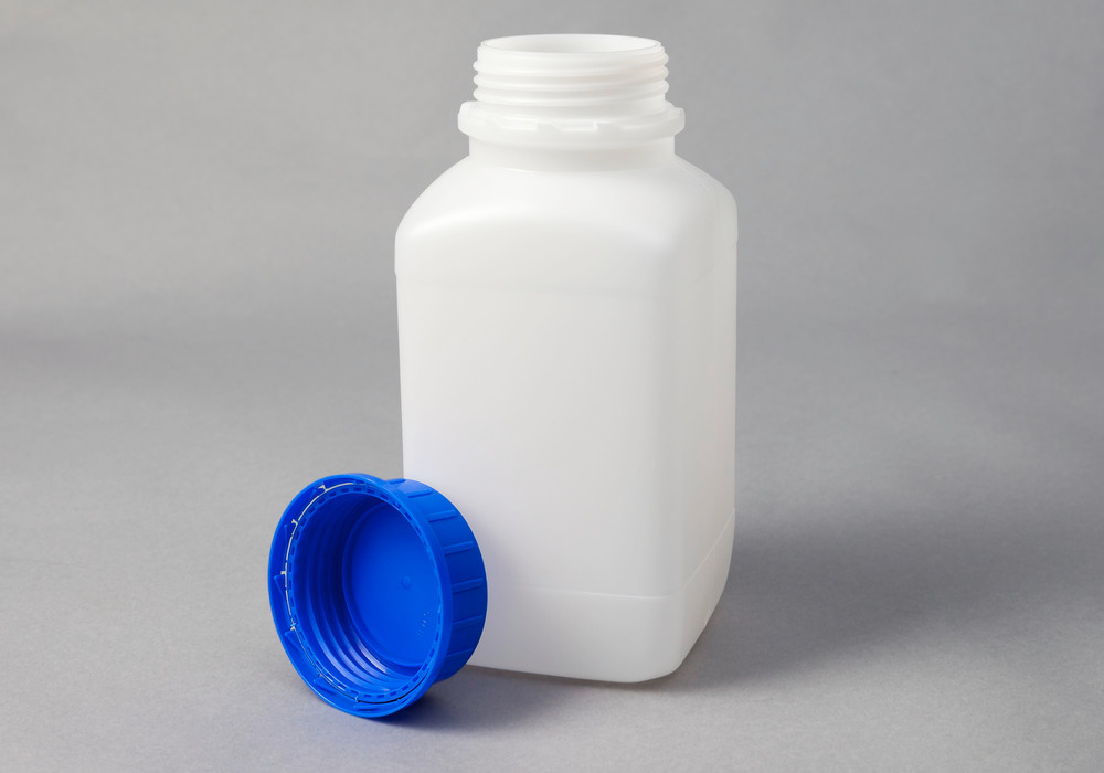 Bottiglie a collo largo in HDPE, squadrate, trasparente naturale, 2500 ml, con omolog. UN, 6 pezzi - 1