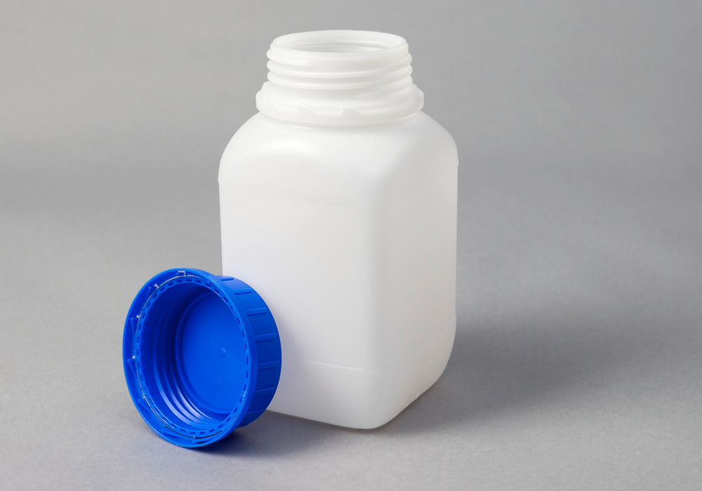 Bottiglie a collo largo in HDPE, squadrate, trasparente naturale, 1500 ml, con omolog. UN, 6 pezzi - 1