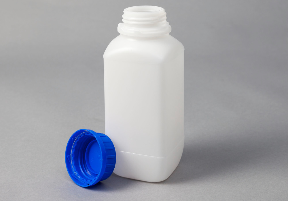 Bottiglie a collo largo in HDPE, squadrate, trasparente naturale, 1000 ml, con omolog. UN, 12 pezzi - 1