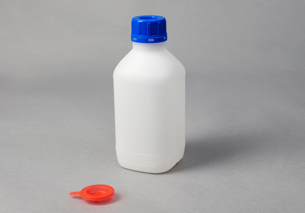 Flessen met smalle hals van HDPE, vierkant, naturel-transparant, 1000 ml, met UN keur, 6 st. - 3