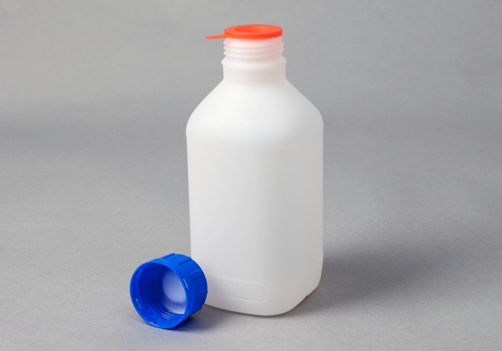 Flaske med smal hals, af HDPE, kantet, transparent, 1000 ml, med UN-godkendelse, 6 stk.