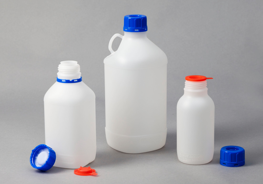 Kapeakaulainen pullo HDPE, kulmikas,luonnonväri-läpinäkyvä,1000 ml, UN-hyväksyntä, 6 kpl - 5