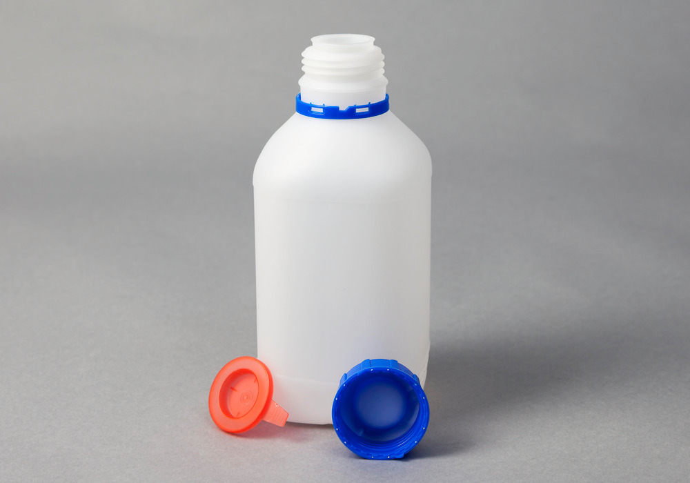 Flaske med smal hals, af HDPE, rund, transparent, 500 ml, med UN-godkendelse, 12 stk. - 2