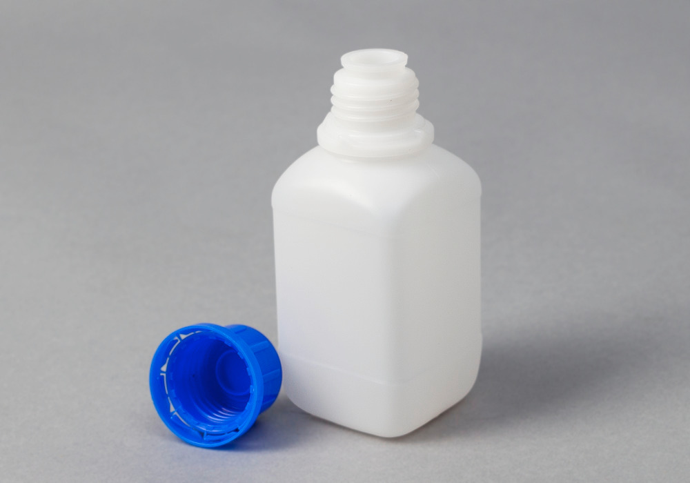 Botella de cuello estrecho en HDPE, rectangular, transparente natural, 250 ml, 30 unidades
