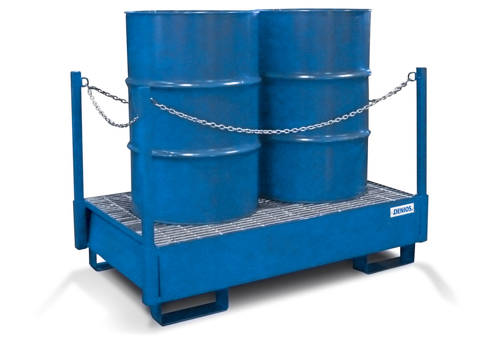 Transport Spill Containment Pallet - 2 Drum Capacity - Posts/Chains - Painted Steel Construction - 1
