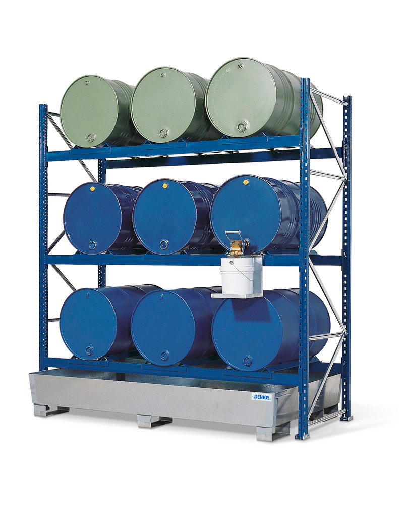 Drum Rack with Spill Containment Sump - 9 Drum Horizontal Capacity - 3 Levels - Galvanized - 1