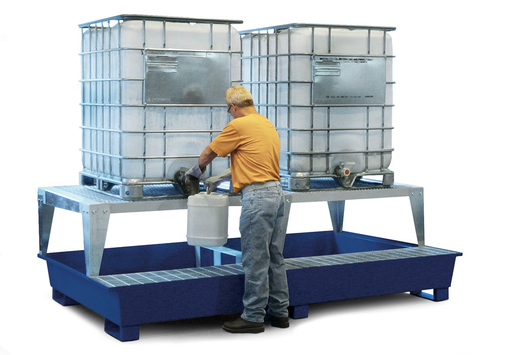 IBC Spill Containment Pallet - 2 IBC Totes - Includes 2 Stands - Painted Steel Construction - 1