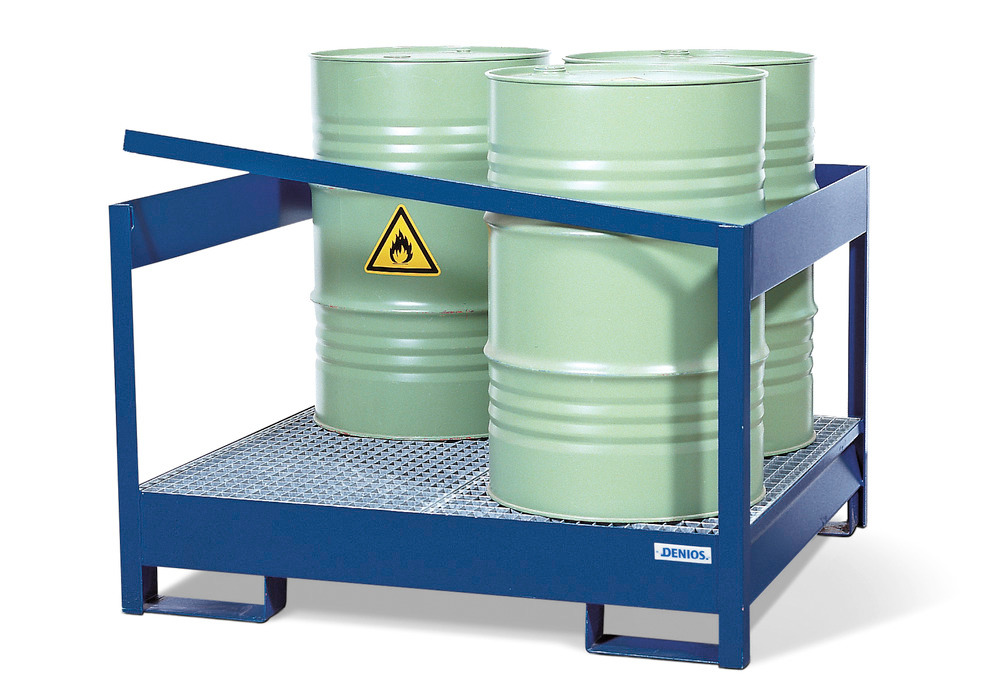 Transport Spill Containment Pallet - 4 Drum Capacity - Side Rails - Forklift Access - Painted Steel - 1