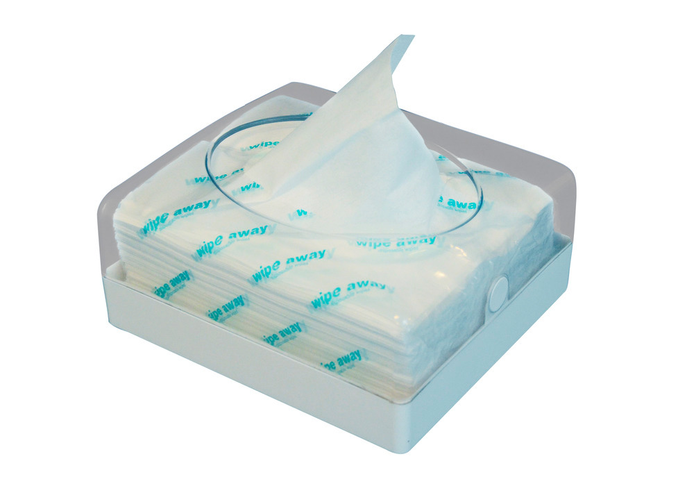 Dispenser for folded cleaning cloths, in ABS, can be used on table top or wall mounted
