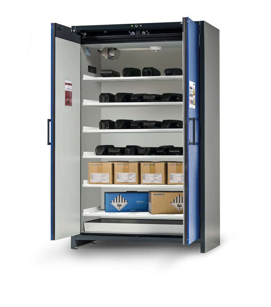 Lítium-ion akkumulátor tároló szekrény SafeStore-Pro, 6 polclappal, sz: 1200 mm - 1