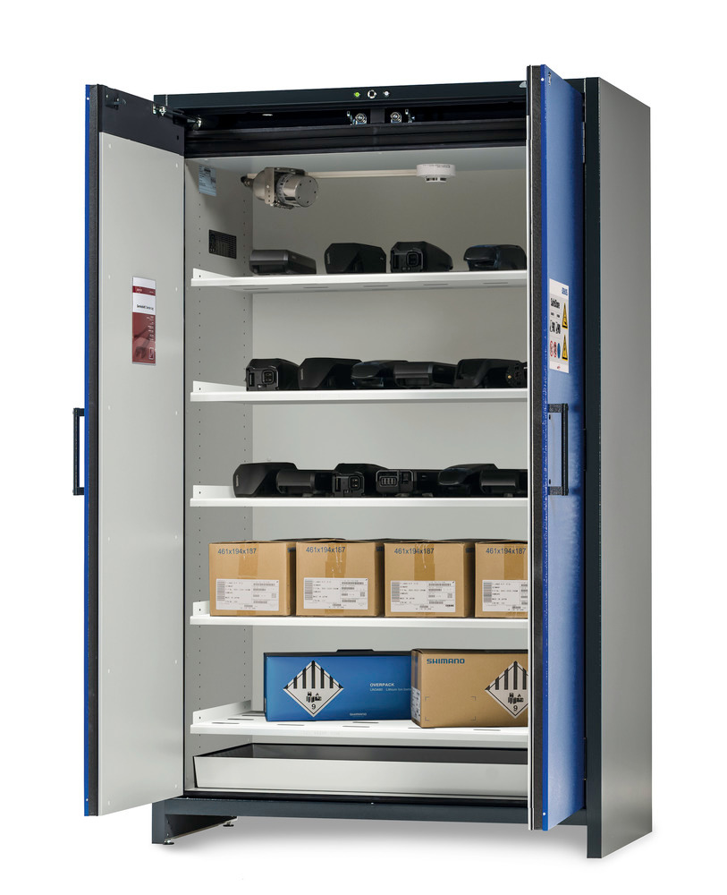 Lítium-ion akkumulátor tároló szekrény SafeStore-Pro, 5 polclappal, sz: 1200 mm - 1