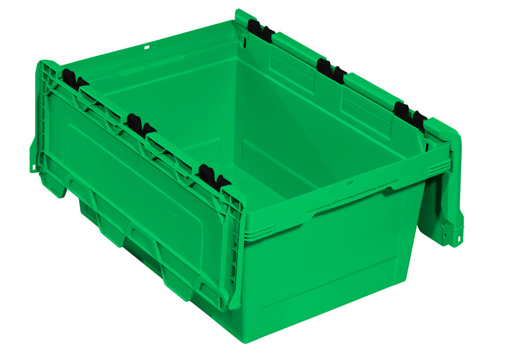 Reusable stacking container classic-line D, hinged lid, nestable,600 x 400 x 299 mm, grn, Pk =3 pc. - 1