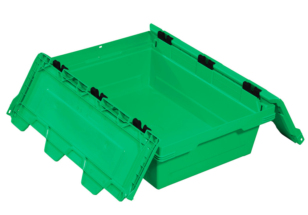 Reusable stacking container classic-line D, hinged lid, nestable,600 x 400 x 199 mm, grn, Pk =3 pc. - 1