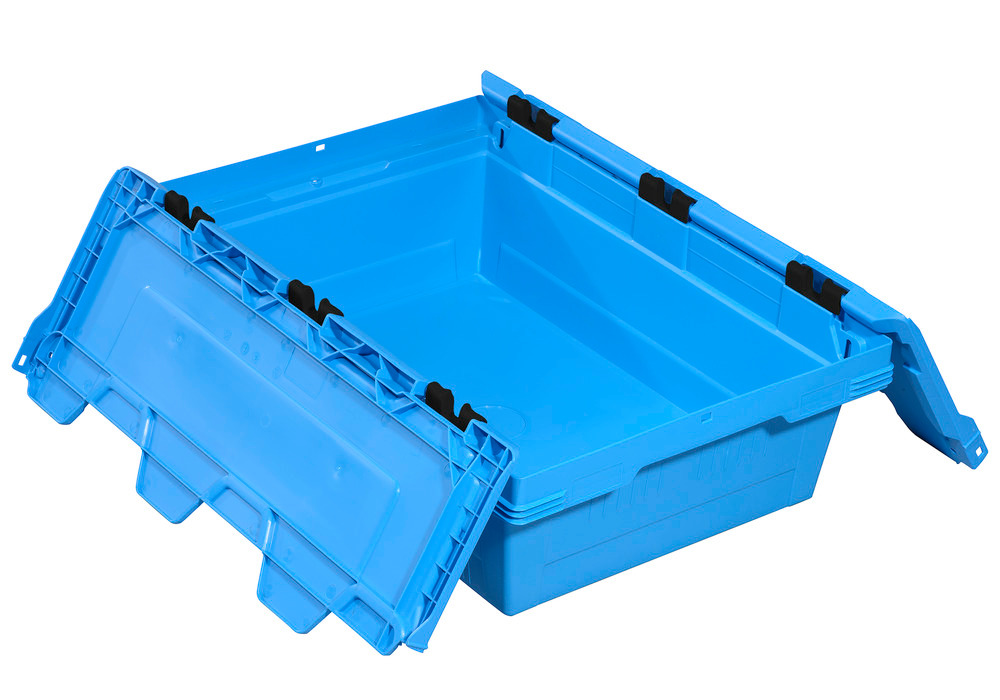 Reusable stacking container classic-line D, hinged lid, nestable, 600 x 400 x 199 mm blue, Pk =3 pc. - 1