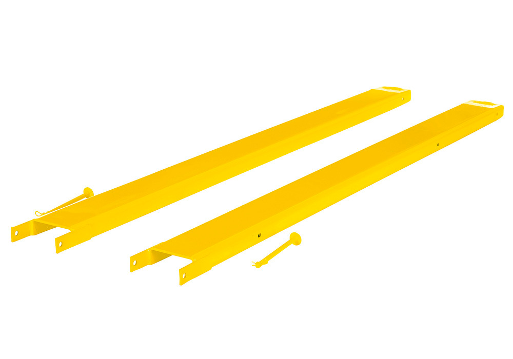 Fork Extensions - Pin Style - 96L x 6W In - Steel Construction - Powder-Coated Yellow Finish - 2