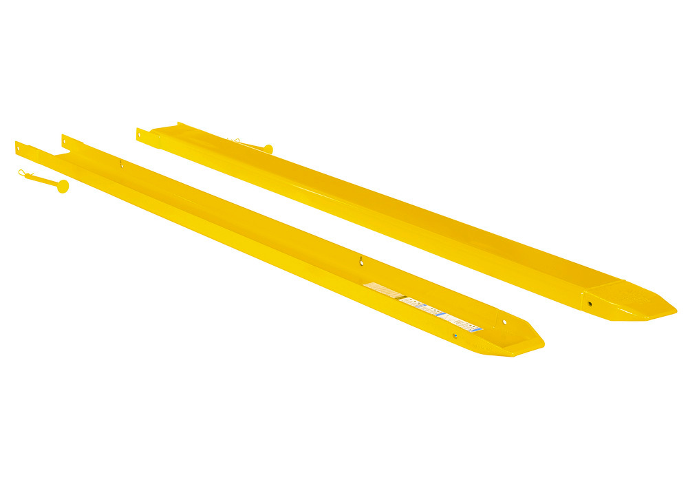 Fork Extensions - Pin Style - 96L x 6W In - Steel Construction - Powder-Coated Yellow Finish - 1