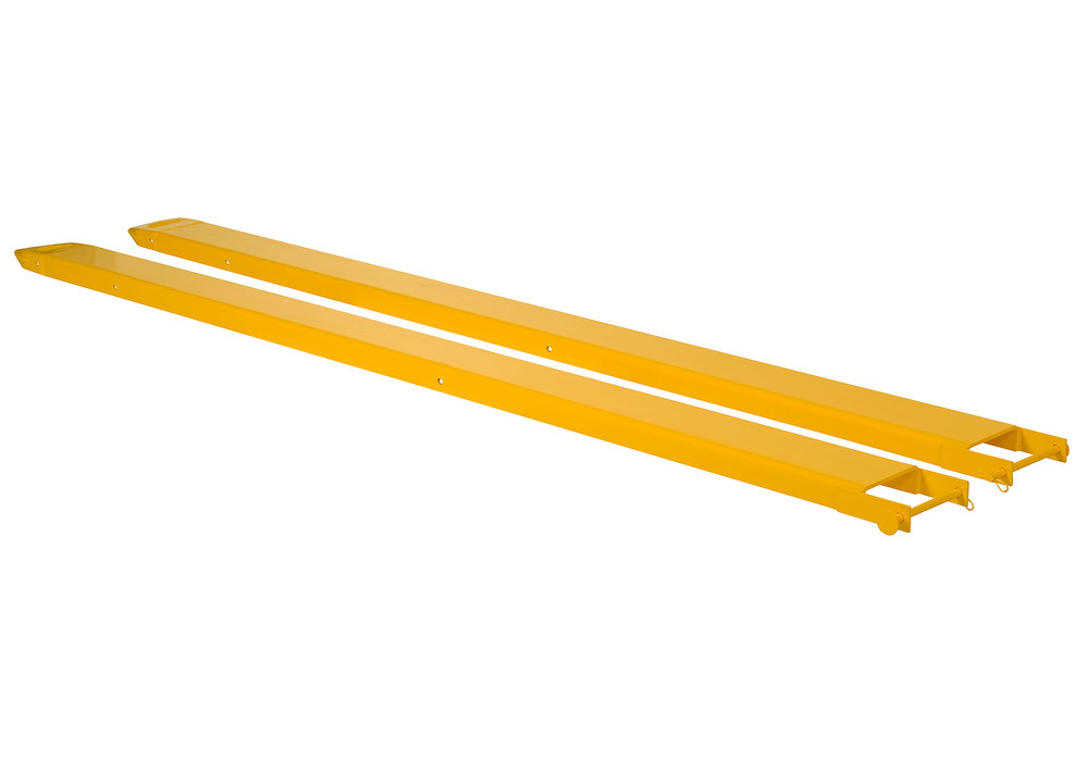 Fork Extensions - Pin Style - 112L x 6W In - Steel Construction - Powder-Coated Yellow Finish - 1