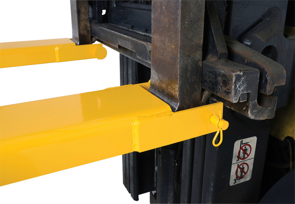 Fork Extensions - Pin Style - 96L x 5W In - Steel Construction - Powder-Coated Yellow Finish - 5