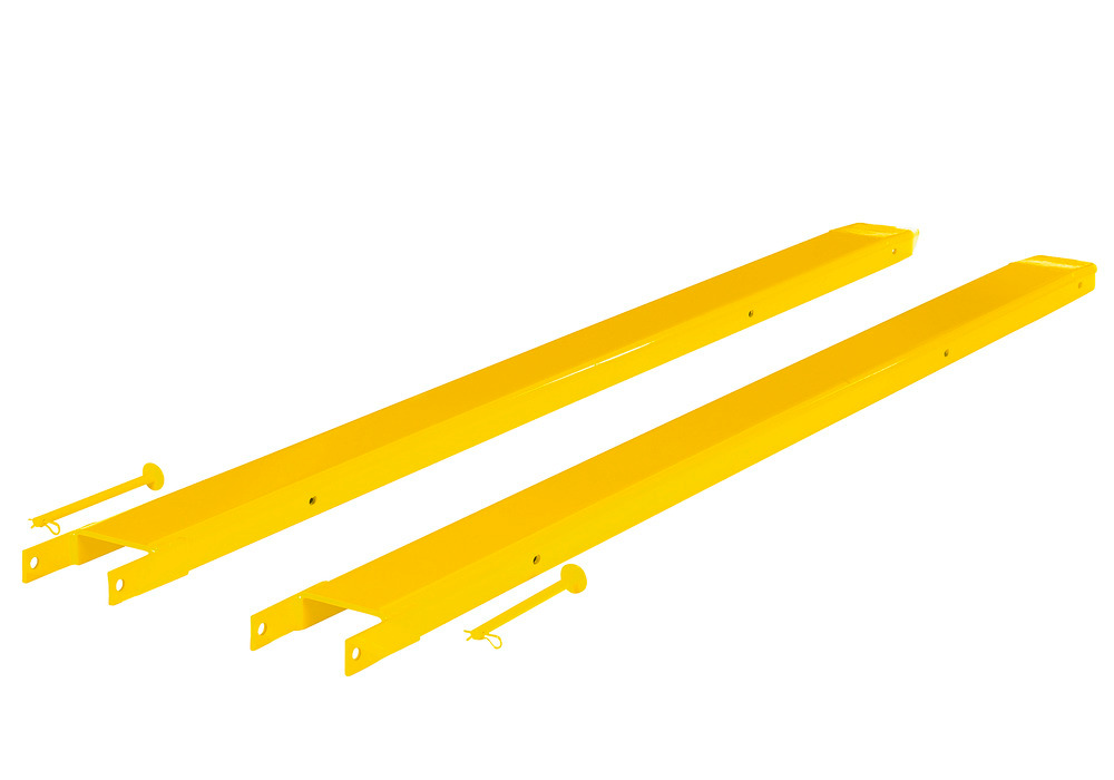 Fork Extensions - Pin Style - 96L x 5W In - Steel Construction - Powder-Coated Yellow Finish - 4