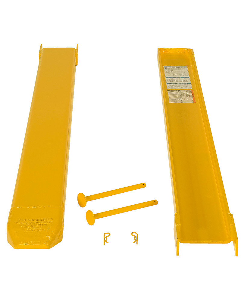 Fork Extensions - Pin Style - 72L x 5W In - Steel Construction - Powder-Coated Yellow Finish - 5