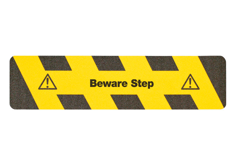 m2-Antirutschbelag™, Warnmarkierung, schwarz/gelb, "Beware Step", Streifen 150 x 610 mm - 1