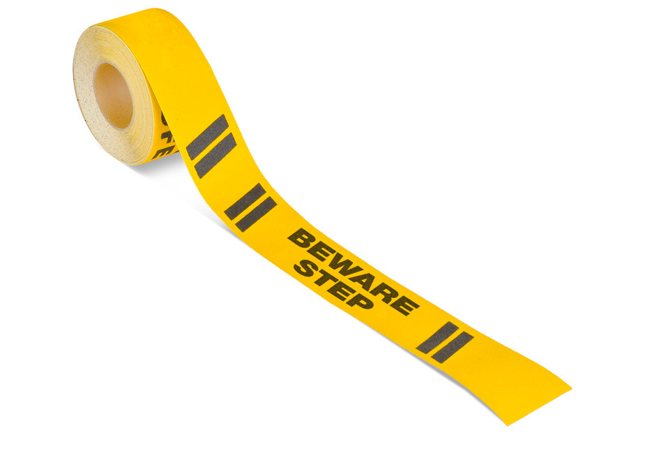 m2-halkskyddsbeläggning™, varningsmarkering, svart/gul, "Se upp för trappsteg", rulle 75 mm x 18,3 m - 1
