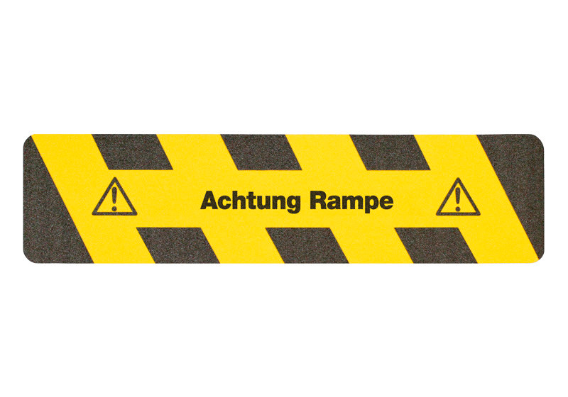 Skridsikker afmærkning m2™, advarsel, sort/gul, "Achtung Rampe", stribe 150 x 610 mm - 1