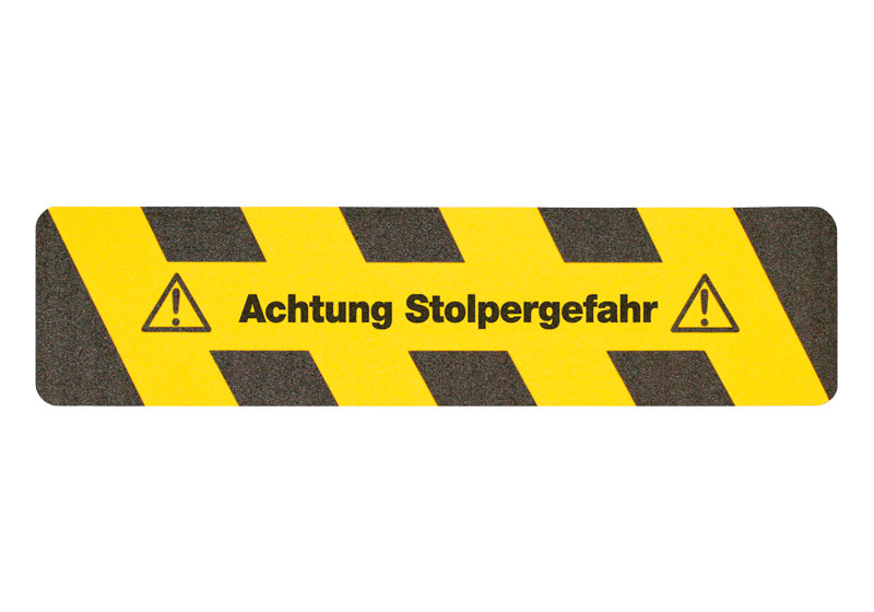 m2-Antirutschbelag™, Warnmarkierung, schwarz/gelb, "Achtung Stolpergefahr", Streifen 150 x 610 mm - 1