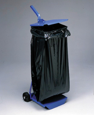 Support mobile pour sacs poubelle, avec couvercle en acier et poignée