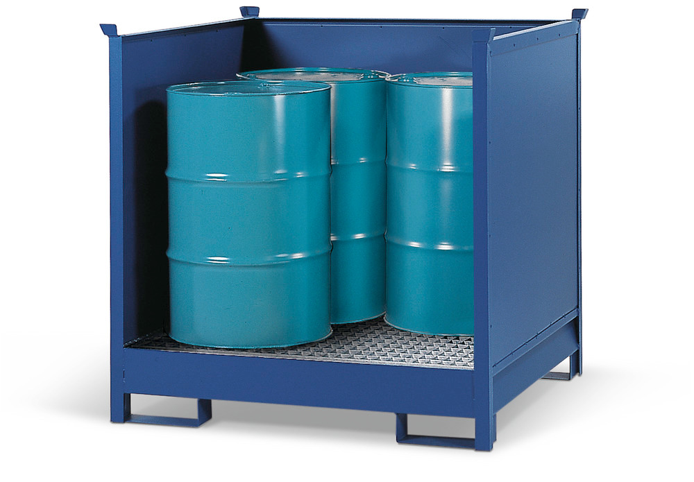 Transport Spill Containment Pallet - 4 Drum Capacity - Stackable - Side Walls - Painted Steel - 2