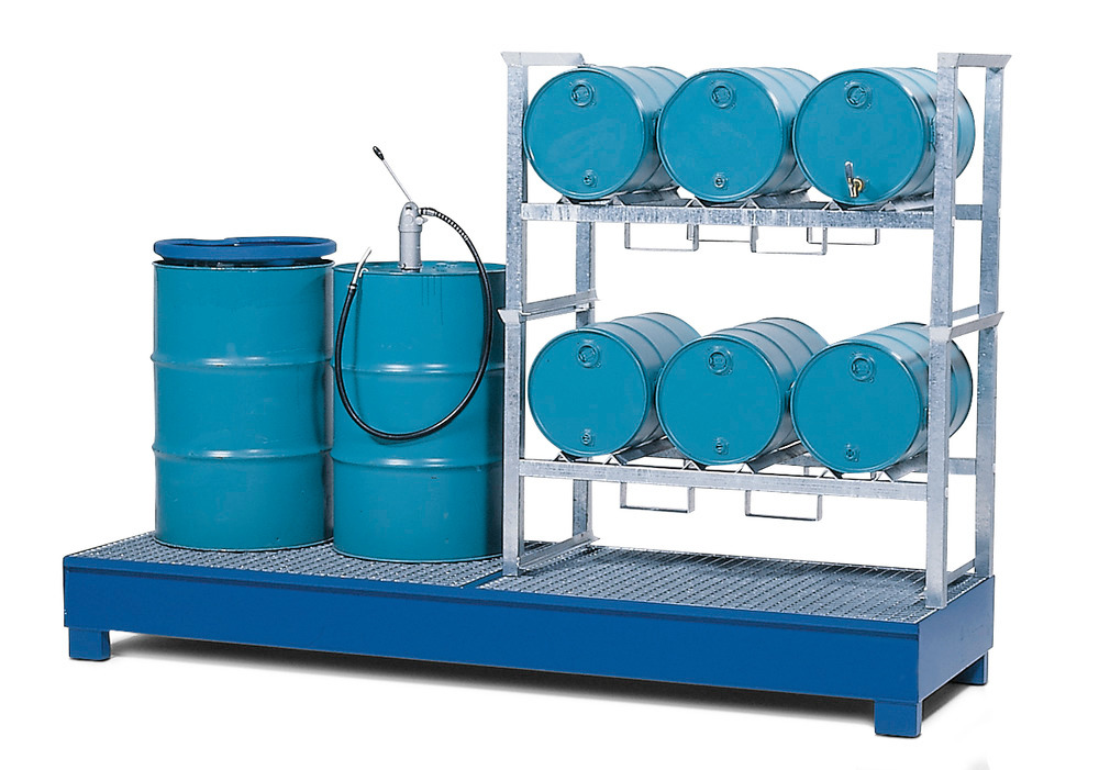 Drum Rack & 4-Drum Inline Spill Pallet Combo - 2 Storage Tiers - Painted Steel - Stackable - 1
