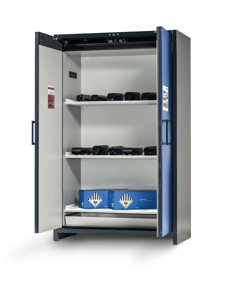 asecos lithium-ion storage cabinet, 90min fire resistant, 3 shelves, 2 doors - 2