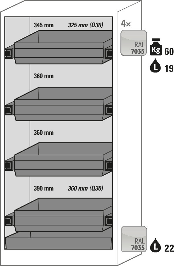 asecos Gefahrstoffschrank Basis-Line, 4 Auszugswannen, Glastür, anthrazit/gelb Typ  30-94, - 3