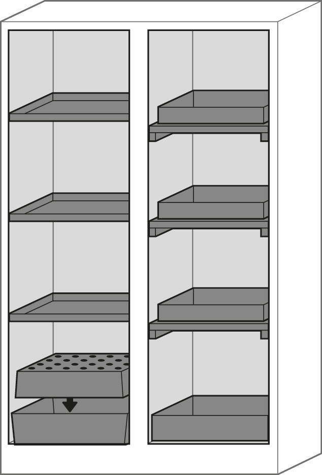 Armario para inflamables tipo 90 con recirculación Custos K-123: pared intermedia, 3 estantes, gris - 2