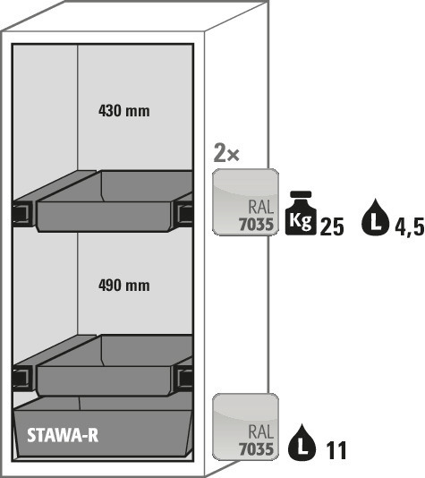 asecos fire-rated hazmat cabinet Edition, 2 slide-out spill trays, door hinged right, grey - 4