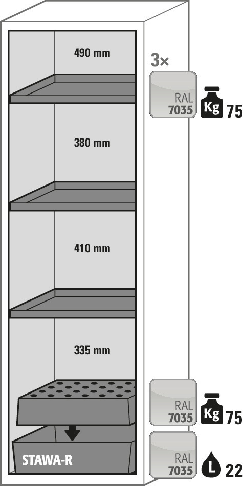 Protipožární skříň na nebezpečné látky G-601, levé dveře, 3 police a podlahová vana, žlutá - 3