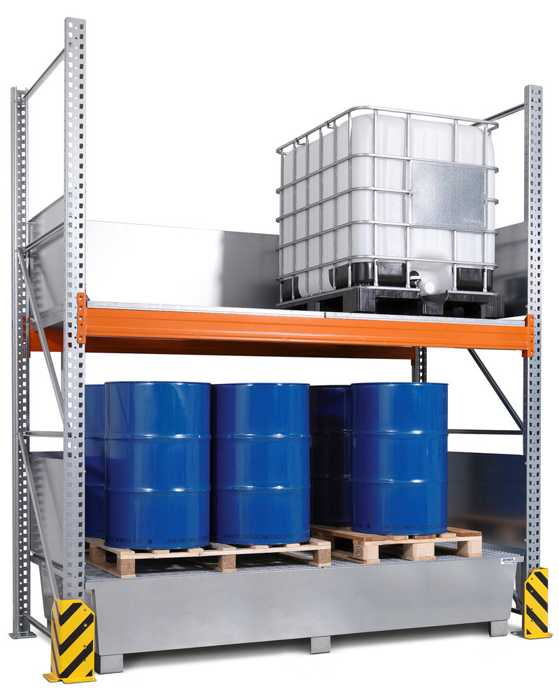 Kombi-reol 3 K4-l med galvaniseret opsamlingskar, til 4 IBCer à 1000 liter, grundfelt - 2