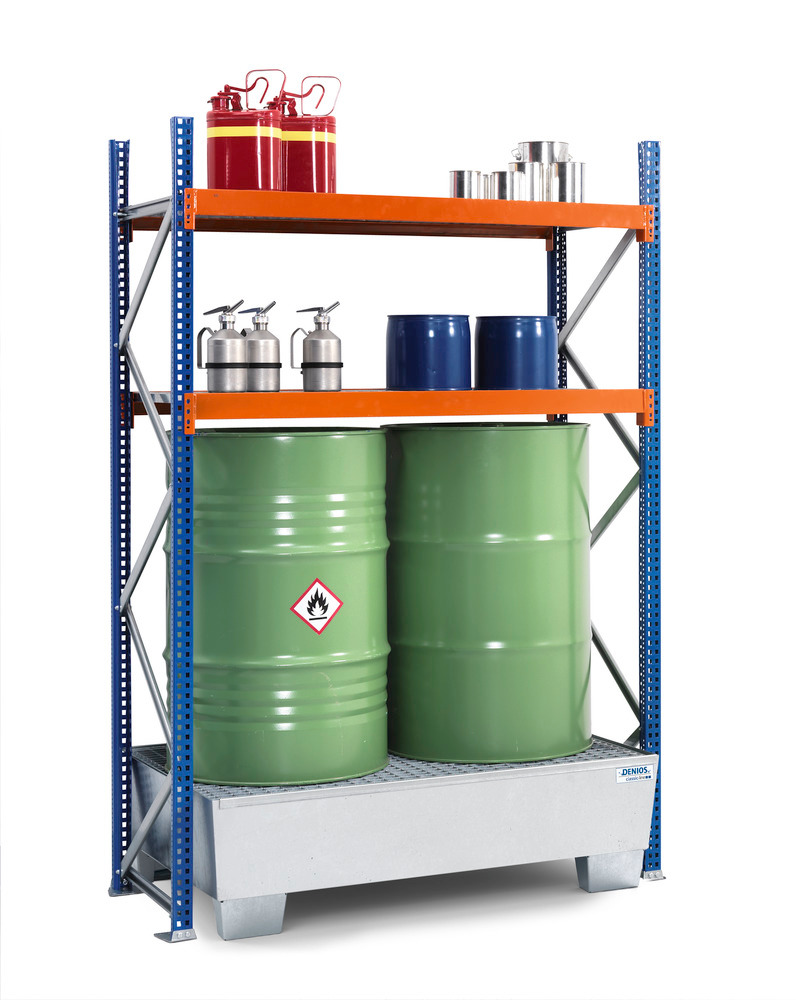 Drum and small container rack, basic unit, 2 grids, galvanised spill tray, 1364 x 816 x 2000 mm - 1