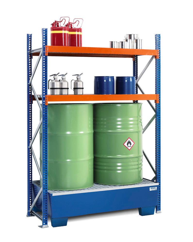 Drum and small container rack GRS 1250, painted spill pallet, 2 grid shelves, basic shelf unit - 1