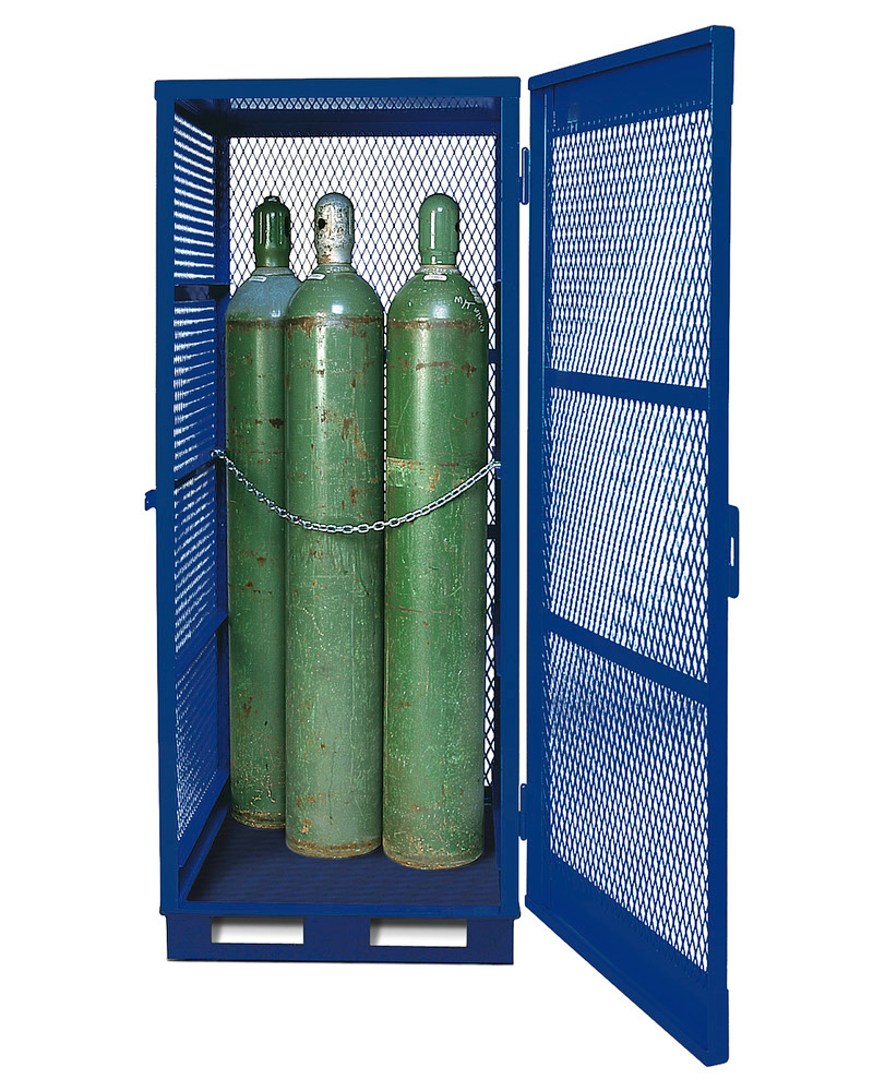 Gas Cylinder Storage with Floor Plate - Vertical - 5 to 10 Cylinders - Lockable Cage - Open Steel Mesh - 1