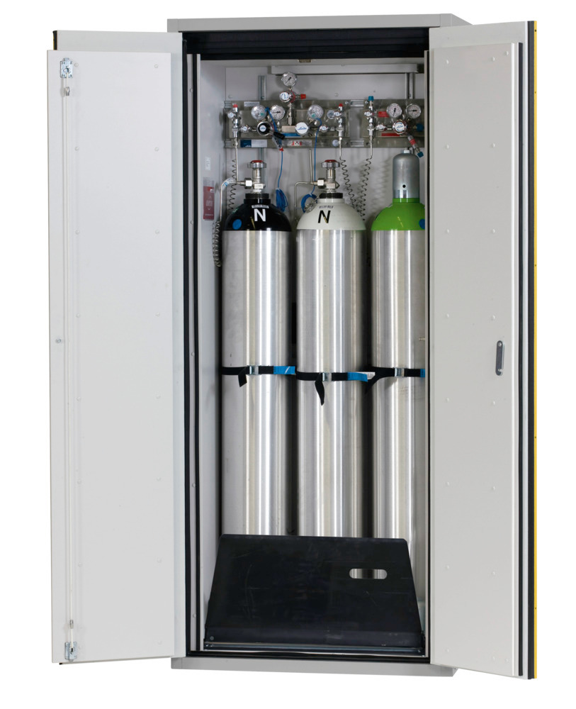asecos fire-rated gas cylinder cabinet G90, 3 x 50 l cylinders, W 900 mm, 2-wing door, grey/yellow - 1