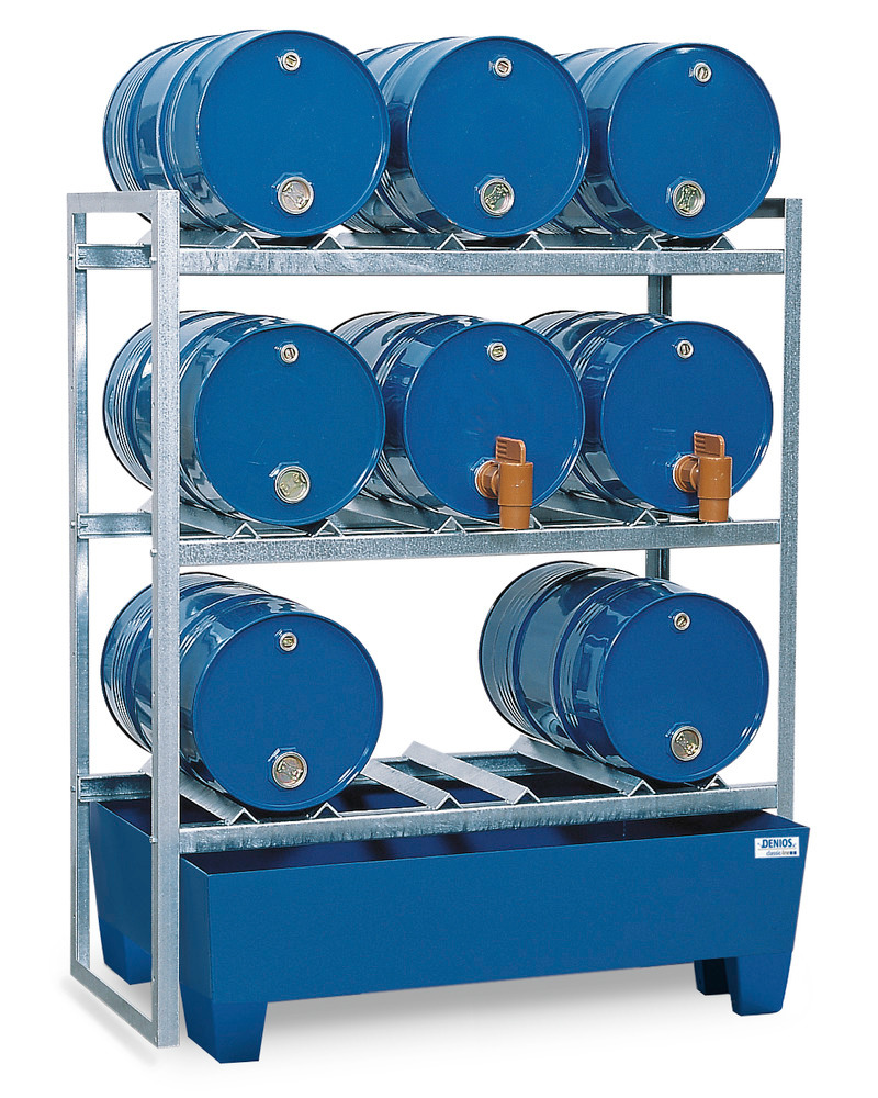 Drum rack FR-S 9-60 for 9 x 60 litre drums, with spill pallet in steel - 1