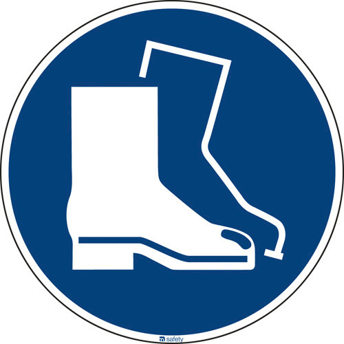 Segnale di prescrizione Indossare protez. per il piede, ISO7010, pell. adesiva, 100mm, 10 pezzi - 1