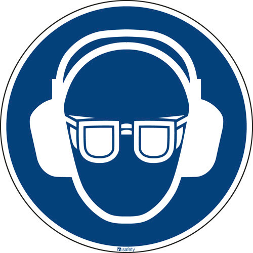 Mandatory sign Use hearing and eye protection, ISO 7010, foil, self-adh, 100 mm, Pack = 10 units